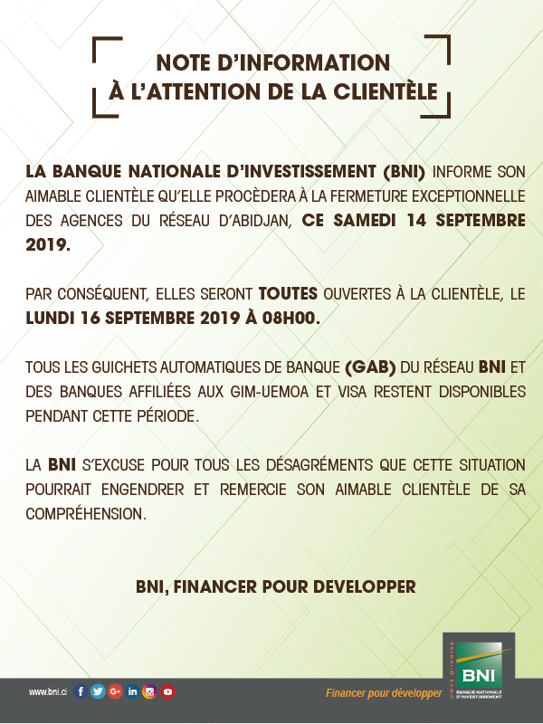 Fermeture exceptionnelle agences Abidjan