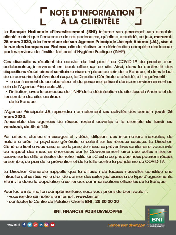 Mesures de prvention COVID19 Agences BNI