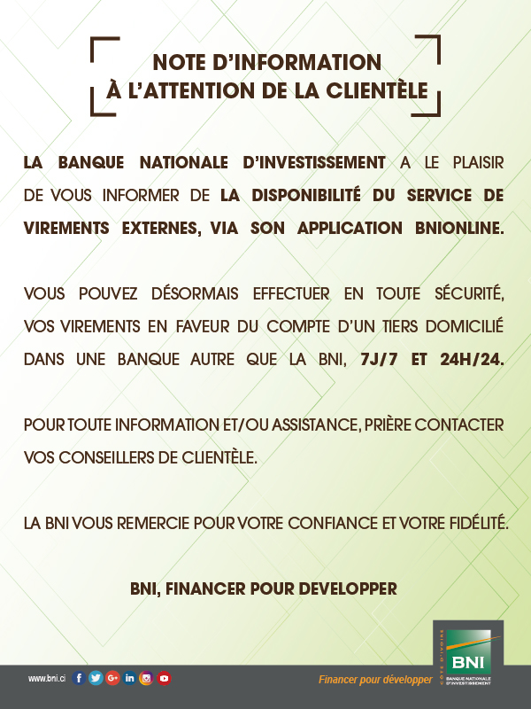 Disponibilit du service de virements externes via BNIONLINE